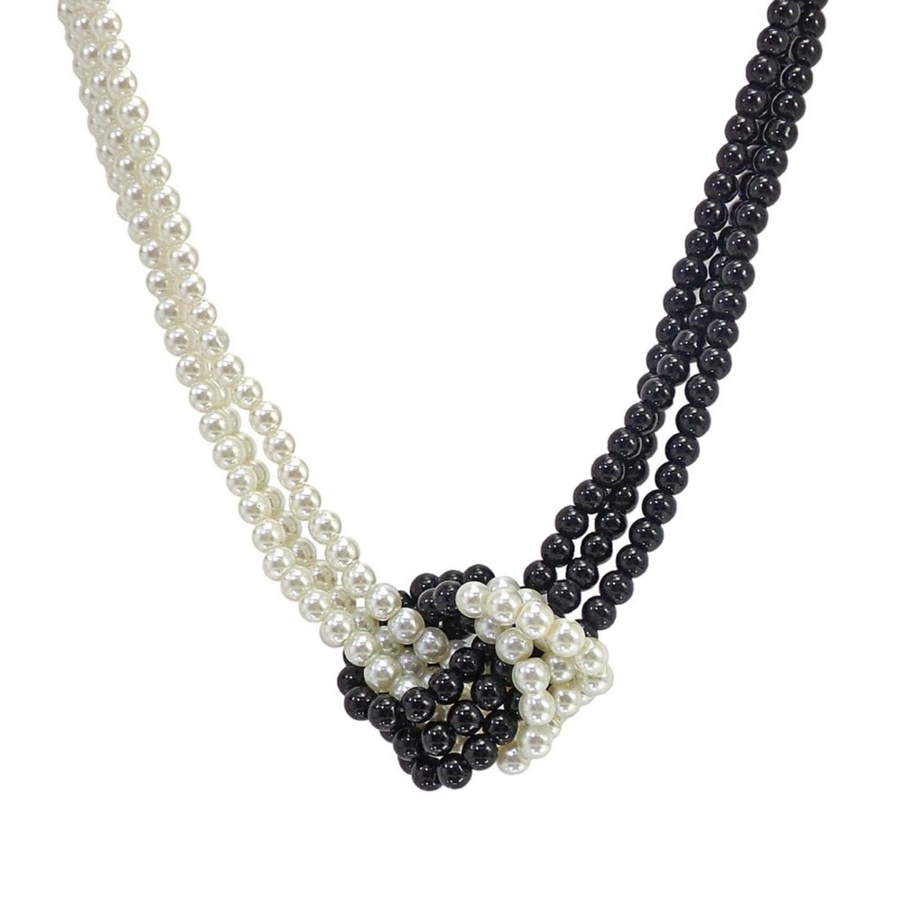 Black and white multi strand beaded necklace with knot in front, 6mm beads